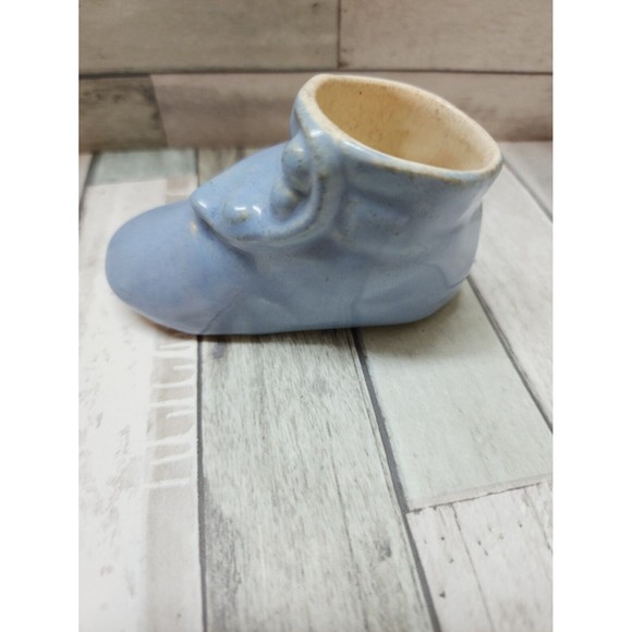 Vintage Unusual Ceramic Shawnee USA Blue Shoe Bootie Planter Baby Shower - Picture 1 of 4
